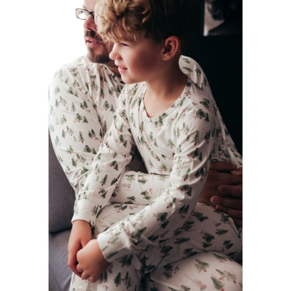 Matching family Christmas pyjamas with green watercolour tree print on white - view 6