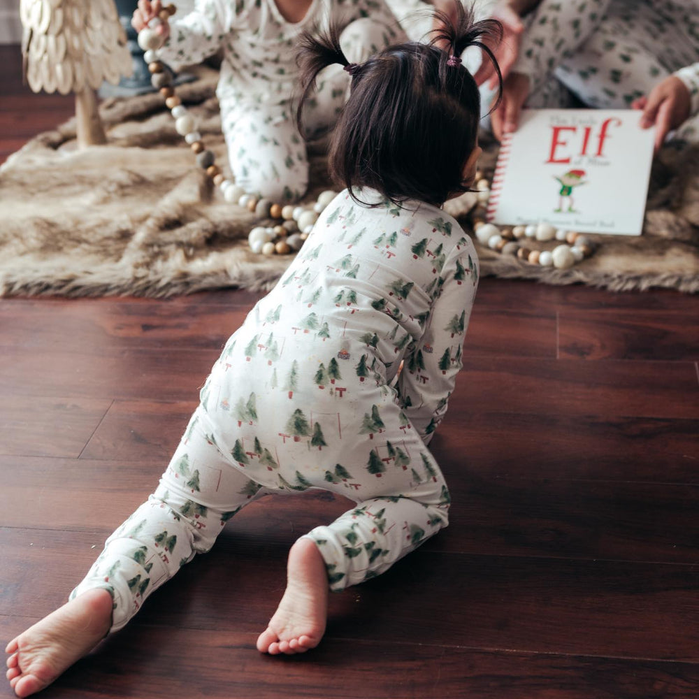 Matching family Christmas pyjamas with green watercolour tree print on white - view 7