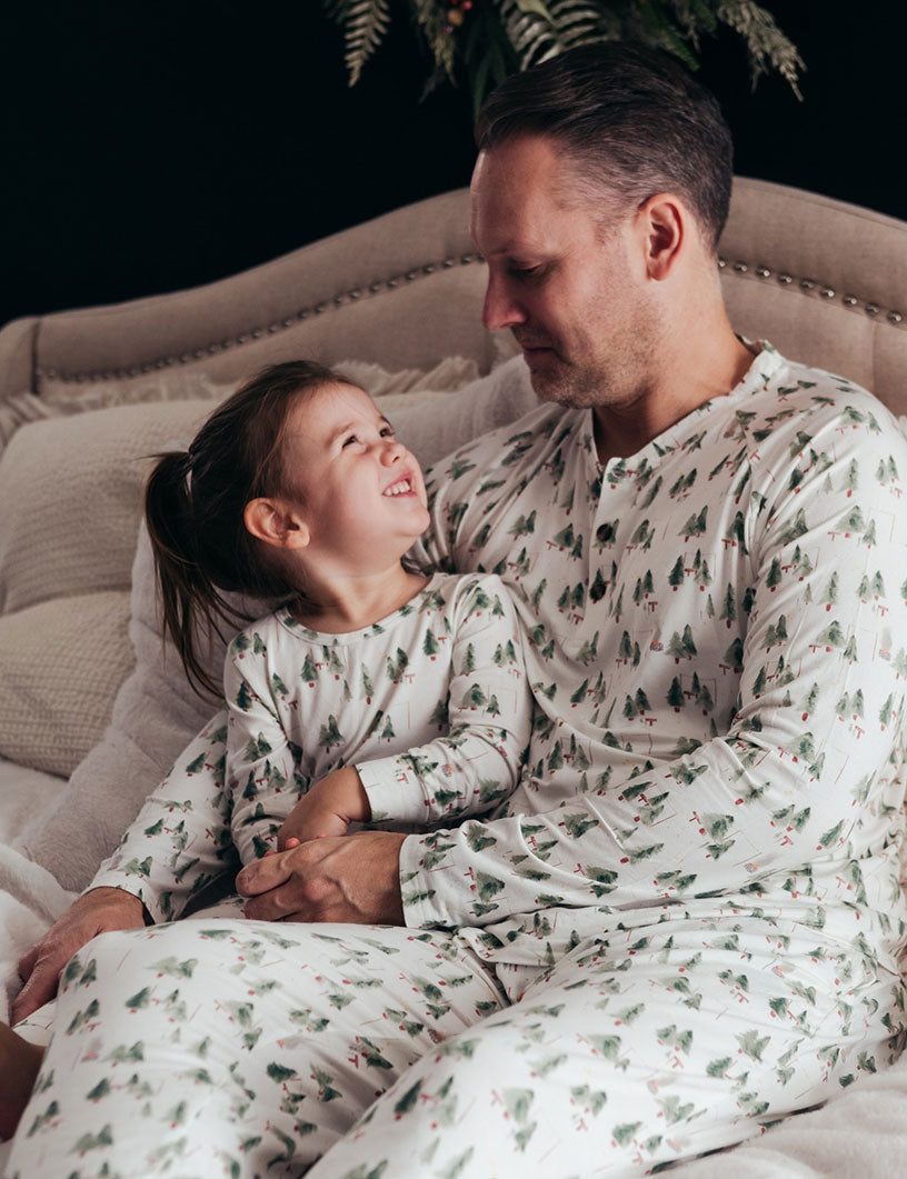 Matching family Christmas pyjamas with green watercolour tree print on white - view 8