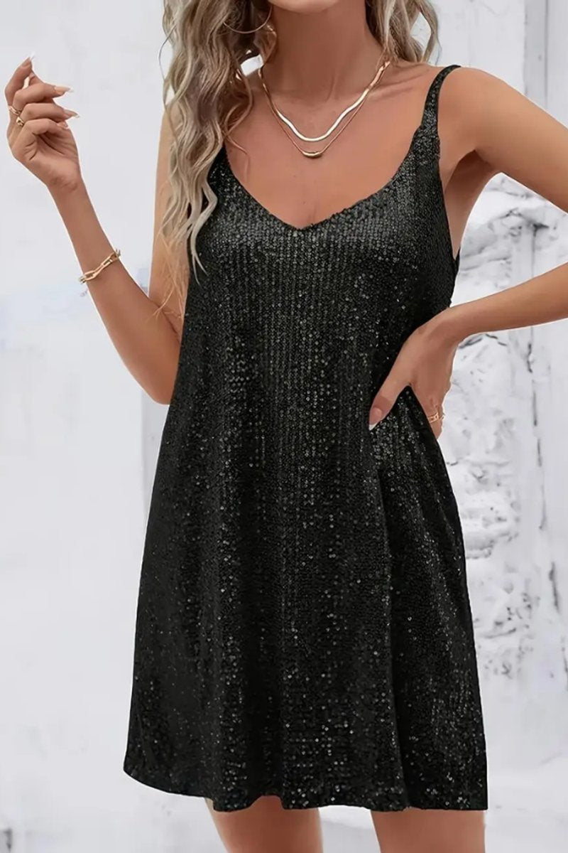 Sequin V-neck sleeveless mini party dress with cami straps - view 10