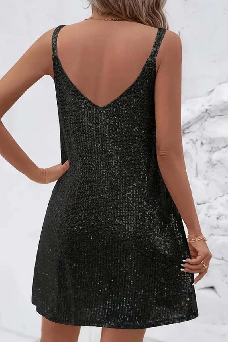 Sequin V-neck sleeveless mini party dress with cami straps - view 11