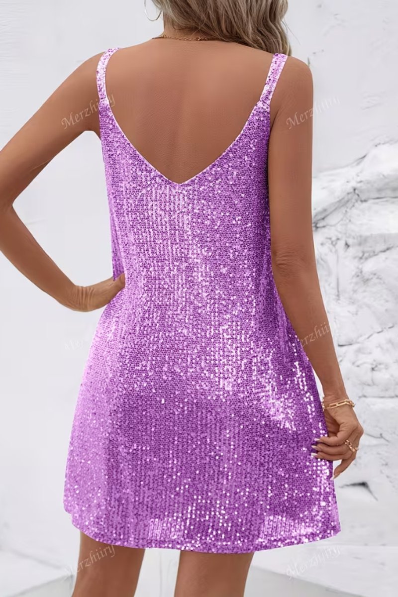 Sequin V-neck sleeveless mini party dress with cami straps - view 6