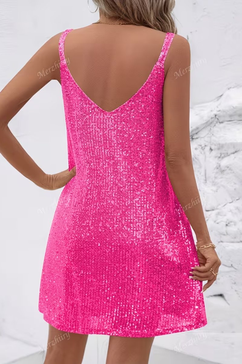 Sequin V-neck sleeveless mini party dress with cami straps - view 8