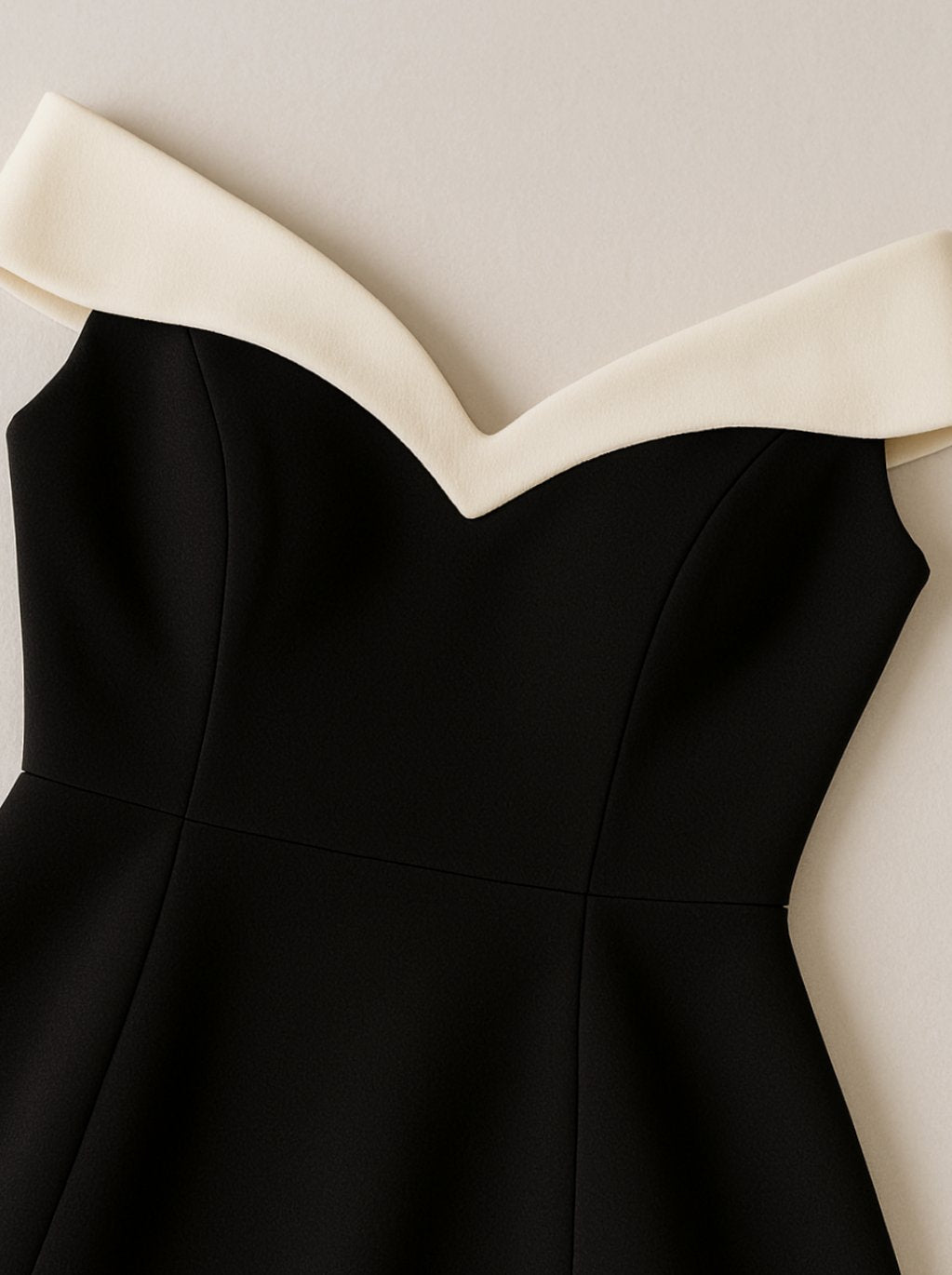 Black off shoulder fit and flare mini dress with sweetheart neckline and ivory contrast trim - view 3