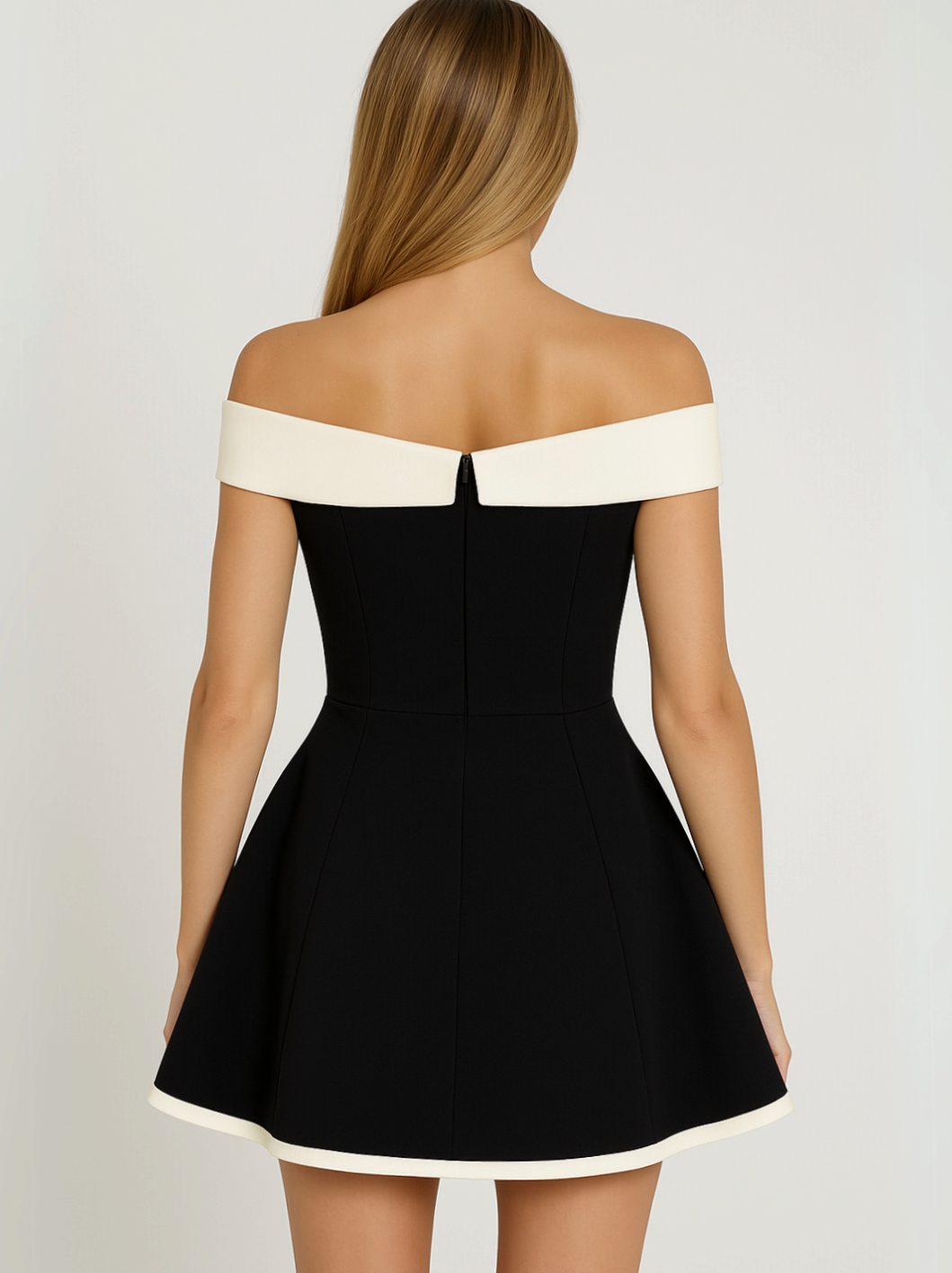 Black off shoulder fit and flare mini dress with sweetheart neckline and ivory contrast trim - view 4