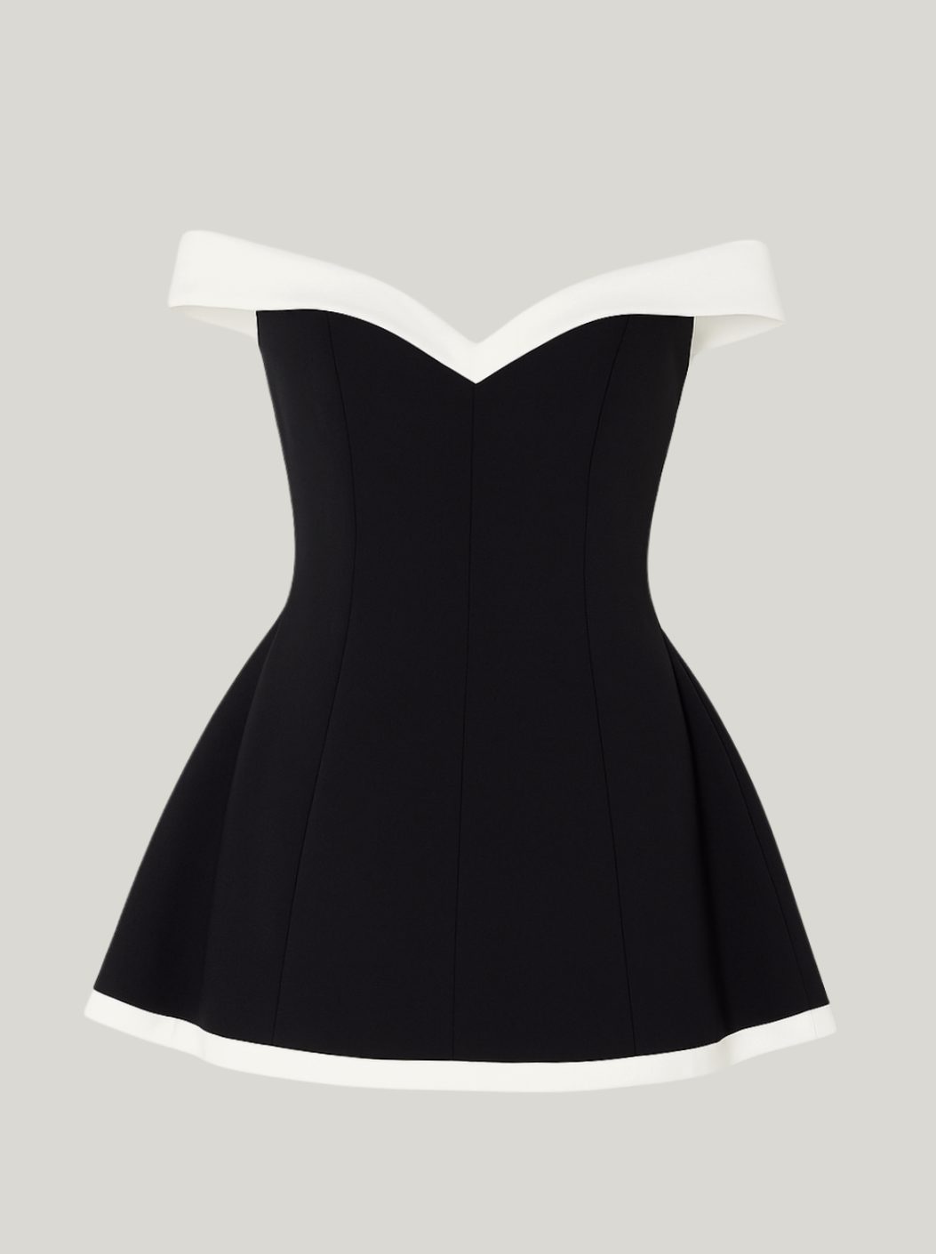 Black off shoulder fit and flare mini dress with sweetheart neckline and ivory contrast trim - view 5