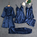Five-piece satin pyjama set with lace-trimmed robe, cami slip, cami top, shorts and trousers