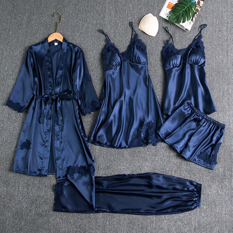 Five-piece satin pyjama set with lace-trimmed robe, cami slip, cami top, shorts and trousers
