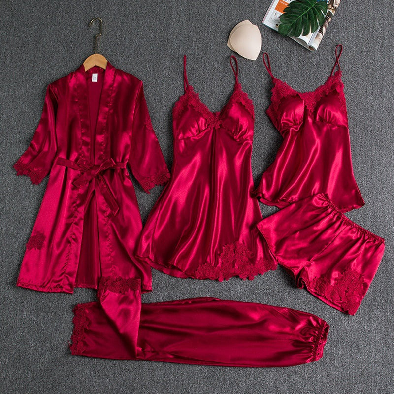 Five-piece satin pyjama set with lace-trimmed robe, cami slip, cami top, shorts and trousers - view 2