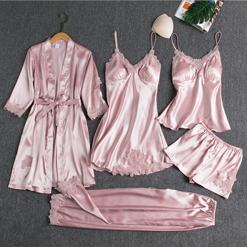 Five-piece satin pyjama set with lace-trimmed robe, cami slip, cami top, shorts and trousers - view 3