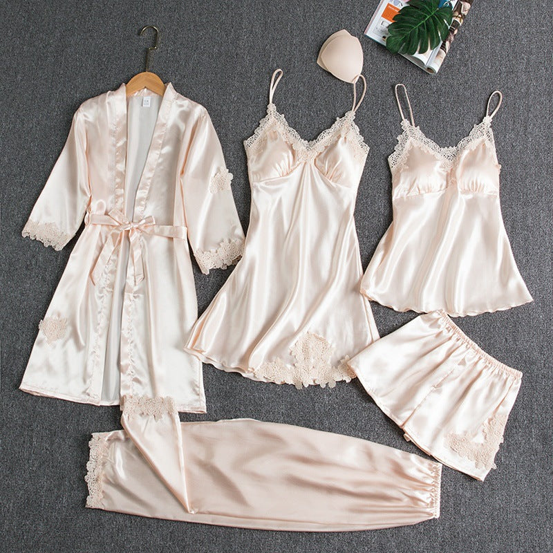 Five-piece satin pyjama set with lace-trimmed robe, cami slip, cami top, shorts and trousers - view 4