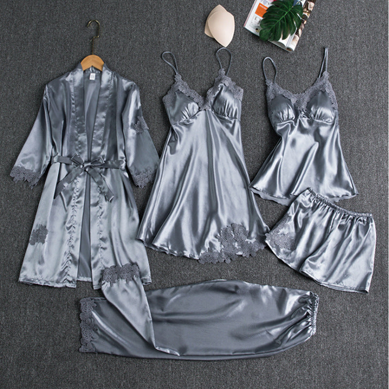 Five-piece satin pyjama set with lace-trimmed robe, cami slip, cami top, shorts and trousers - view 5