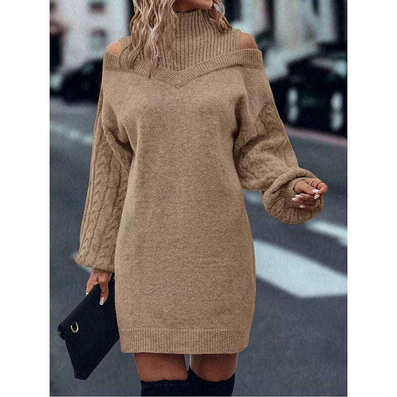 Khaki cold shoulder turtleneck sweater dress with cable knit balloon sleeves