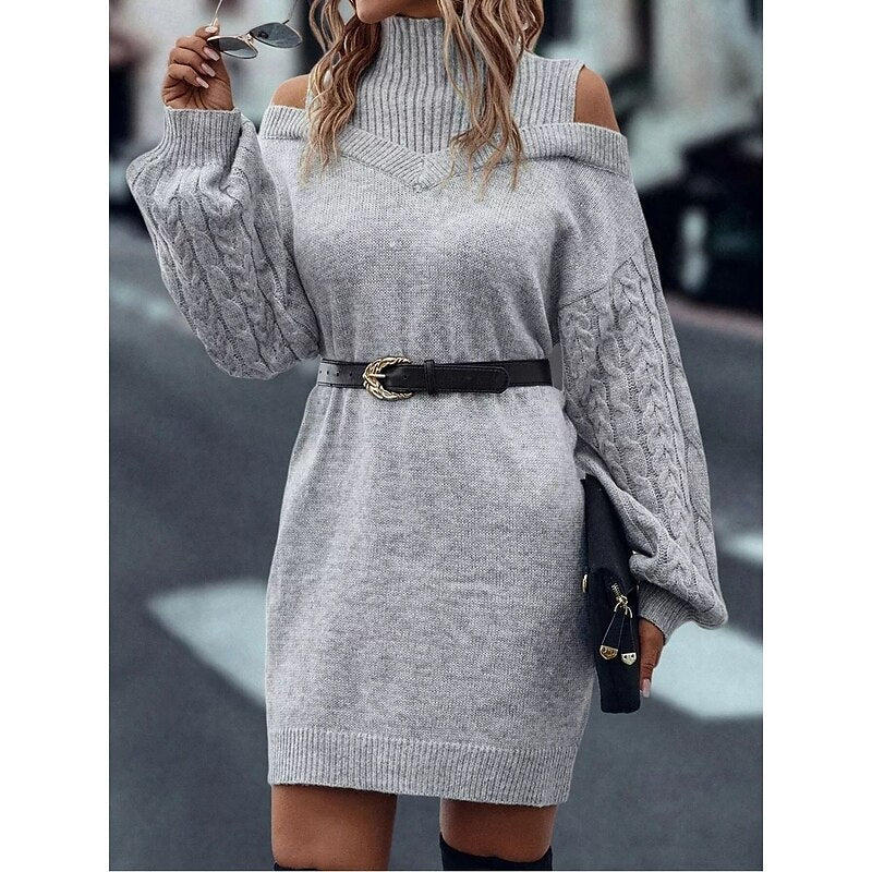 Khaki cold shoulder turtleneck sweater dress with cable knit balloon sleeves - view 10