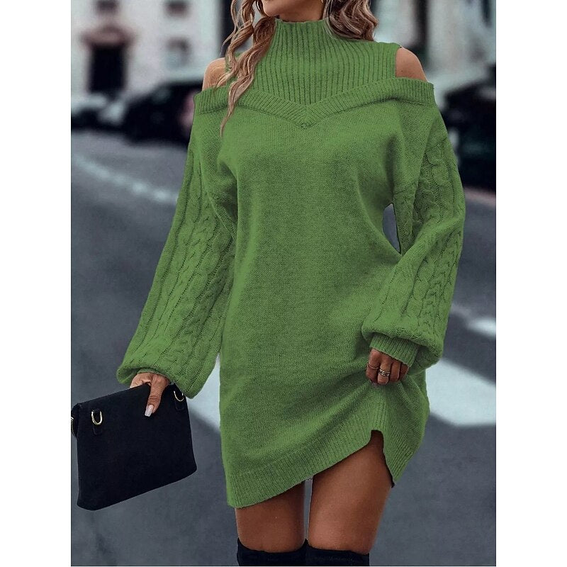 Khaki cold shoulder turtleneck sweater dress with cable knit balloon sleeves - view 11