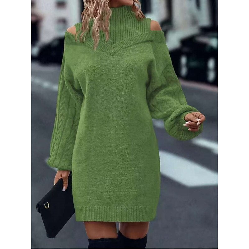 Khaki cold shoulder turtleneck sweater dress with cable knit balloon sleeves - view 12