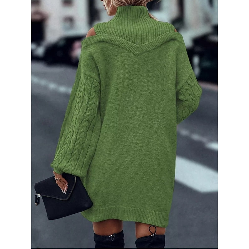 Khaki cold shoulder turtleneck sweater dress with cable knit balloon sleeves - view 13