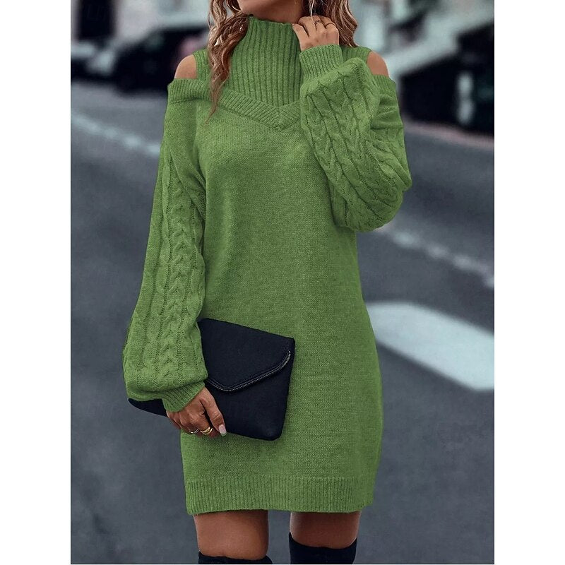 Khaki cold shoulder turtleneck sweater dress with cable knit balloon sleeves - view 14