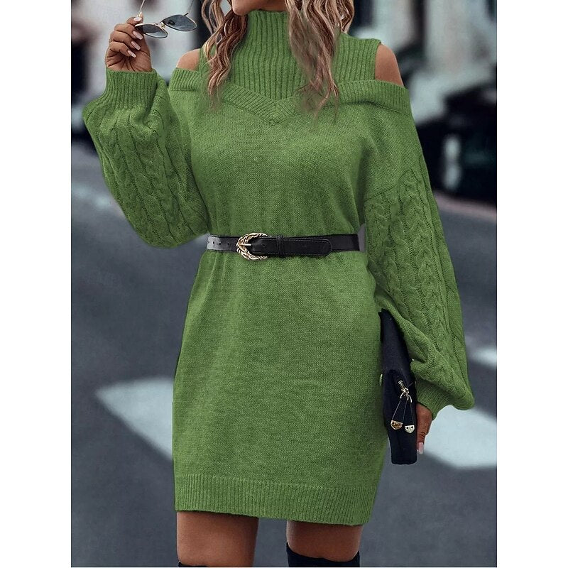 Khaki cold shoulder turtleneck sweater dress with cable knit balloon sleeves - view 15