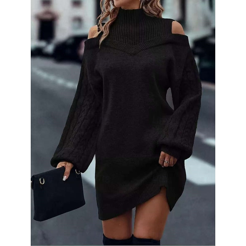 Khaki cold shoulder turtleneck sweater dress with cable knit balloon sleeves - view 16