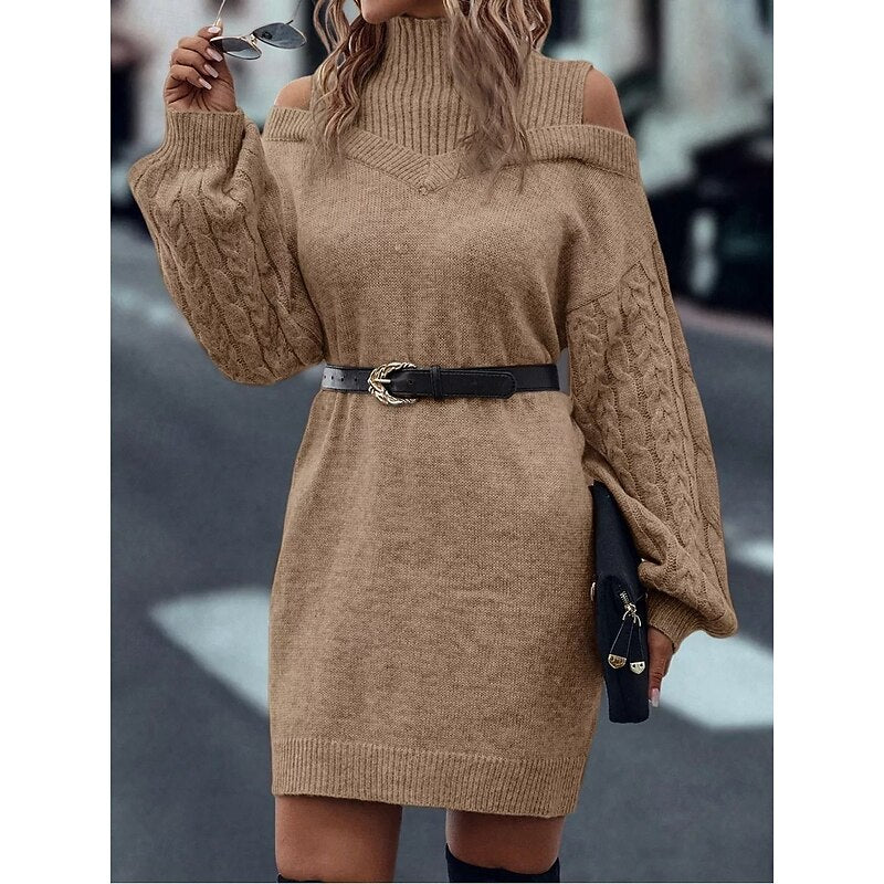 Khaki cold shoulder turtleneck sweater dress with cable knit balloon sleeves - view 2