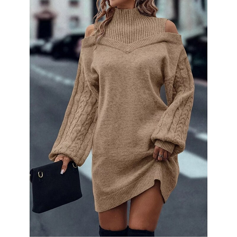 Khaki cold shoulder turtleneck sweater dress with cable knit balloon sleeves - view 3