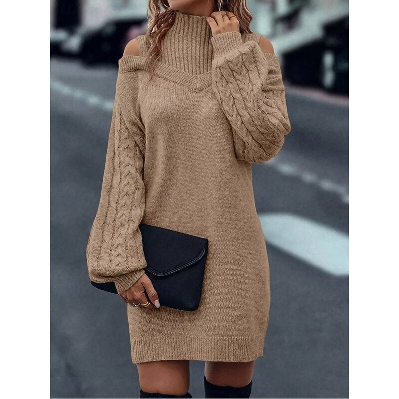 Khaki cold shoulder turtleneck sweater dress with cable knit balloon sleeves - view 4