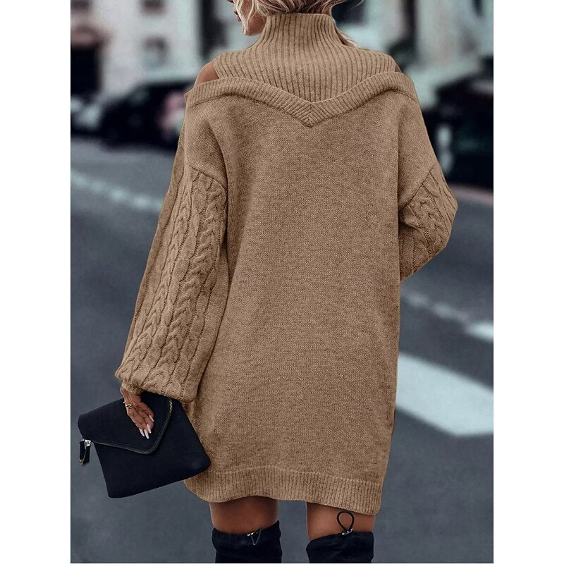 Khaki cold shoulder turtleneck sweater dress with cable knit balloon sleeves - view 5