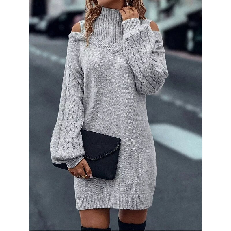 Khaki cold shoulder turtleneck sweater dress with cable knit balloon sleeves - view 6