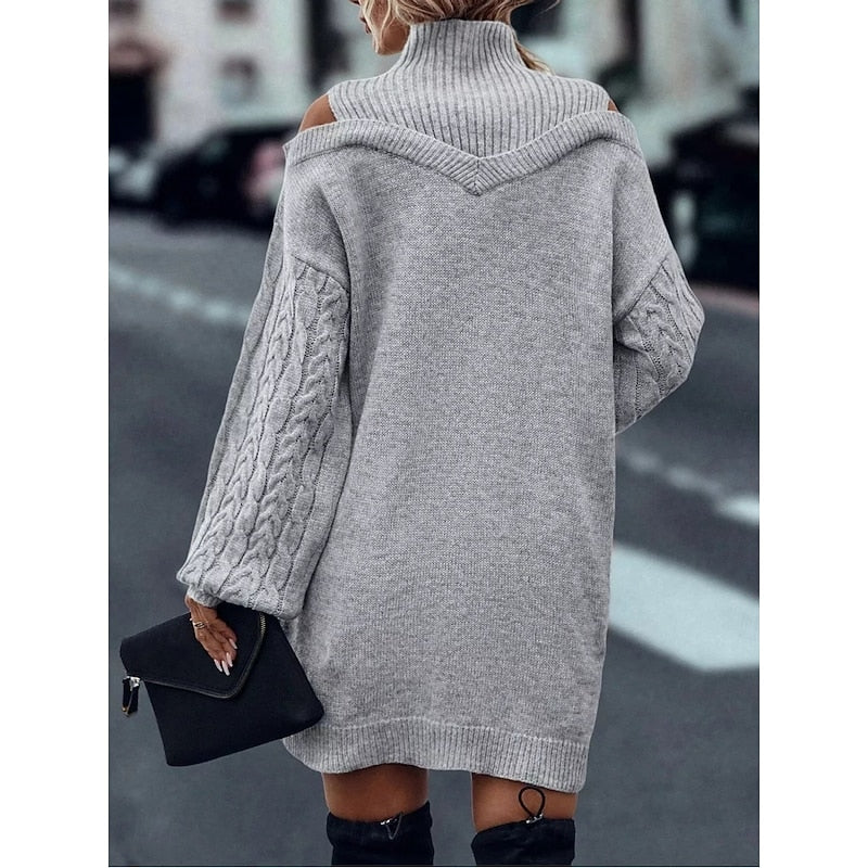 Khaki cold shoulder turtleneck sweater dress with cable knit balloon sleeves - view 8