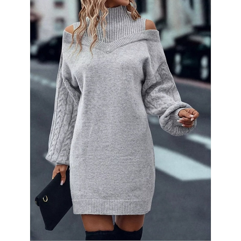 Khaki cold shoulder turtleneck sweater dress with cable knit balloon sleeves - view 9