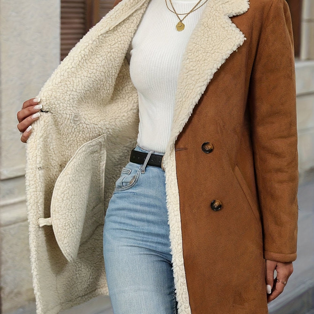 Plus Size, Women's Elegant Long Sleeve Coat - Chic Brown Double-Breasted Jacket with Fluffy Lining, Button-Up Front, and Flap Pockets for Fall/Winter, Stylish Outerwear | Chic Long Sleeve | Buttoned Jacket, Women's Outerwear, Sophisticated Elegance