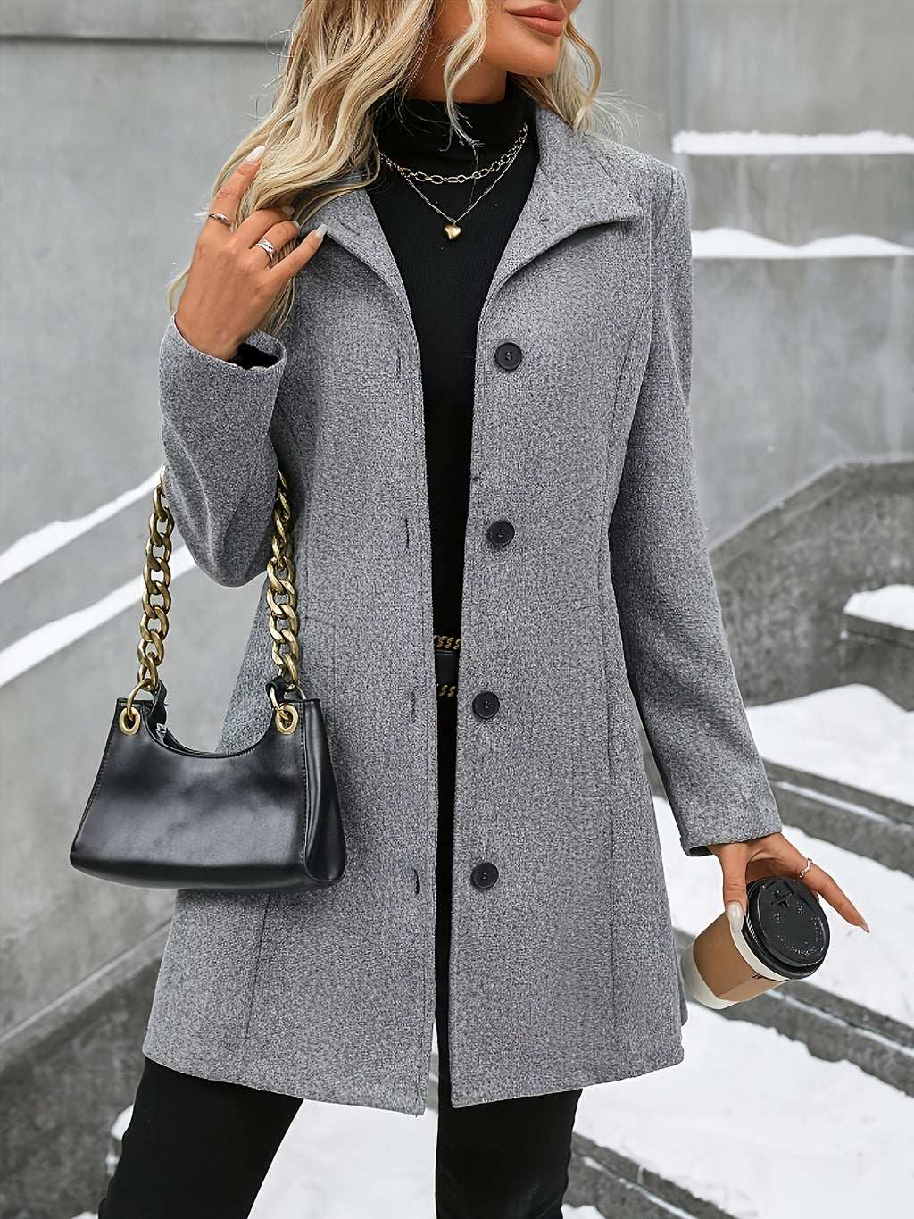 Fashion Women'S Elegant Tweed Coat Trendy Slim Solid Color Stand-Up Collar Tweed Overcoat