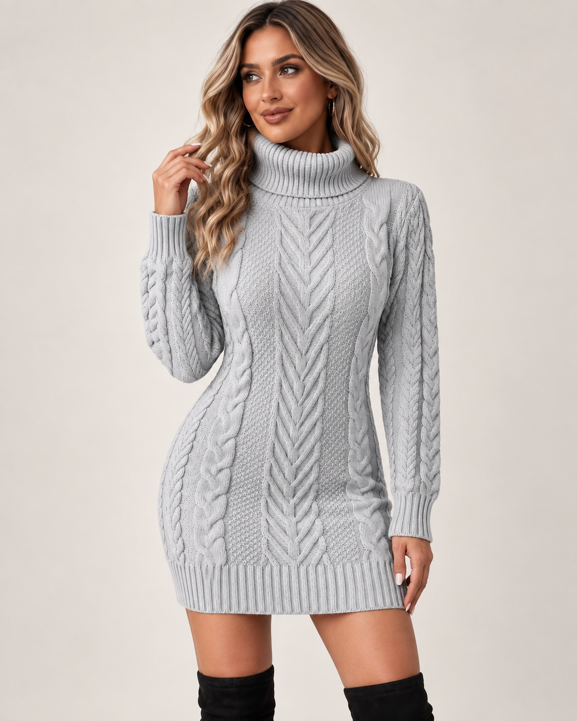 Claudine | Cosy Cable Knit Jumper Dress for Women with High Roll Neck