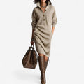 Collared ribbed knit midi jumper dress with button neckline and long sleeves, styled with knee-high boots
