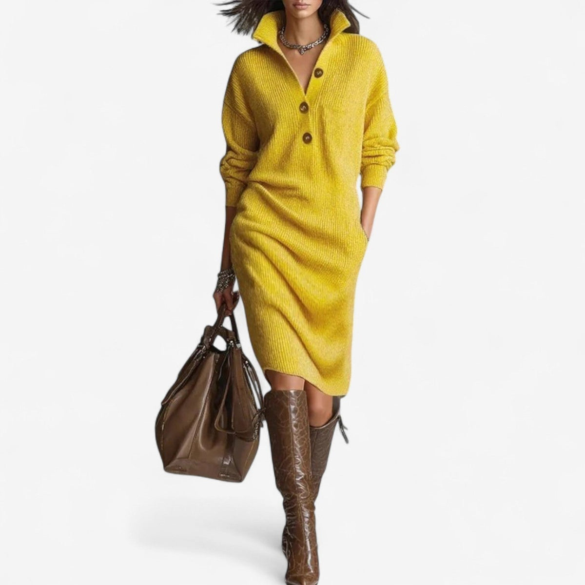 Collared ribbed knit midi jumper dress with button neckline and long sleeves, styled with knee-high boots - view 2