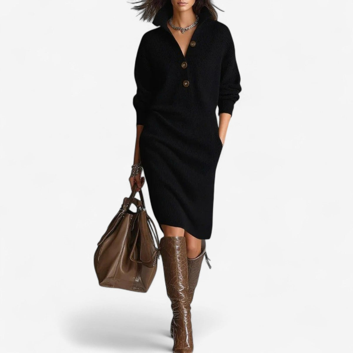 Collared ribbed knit midi jumper dress with button neckline and long sleeves, styled with knee-high boots - view 3