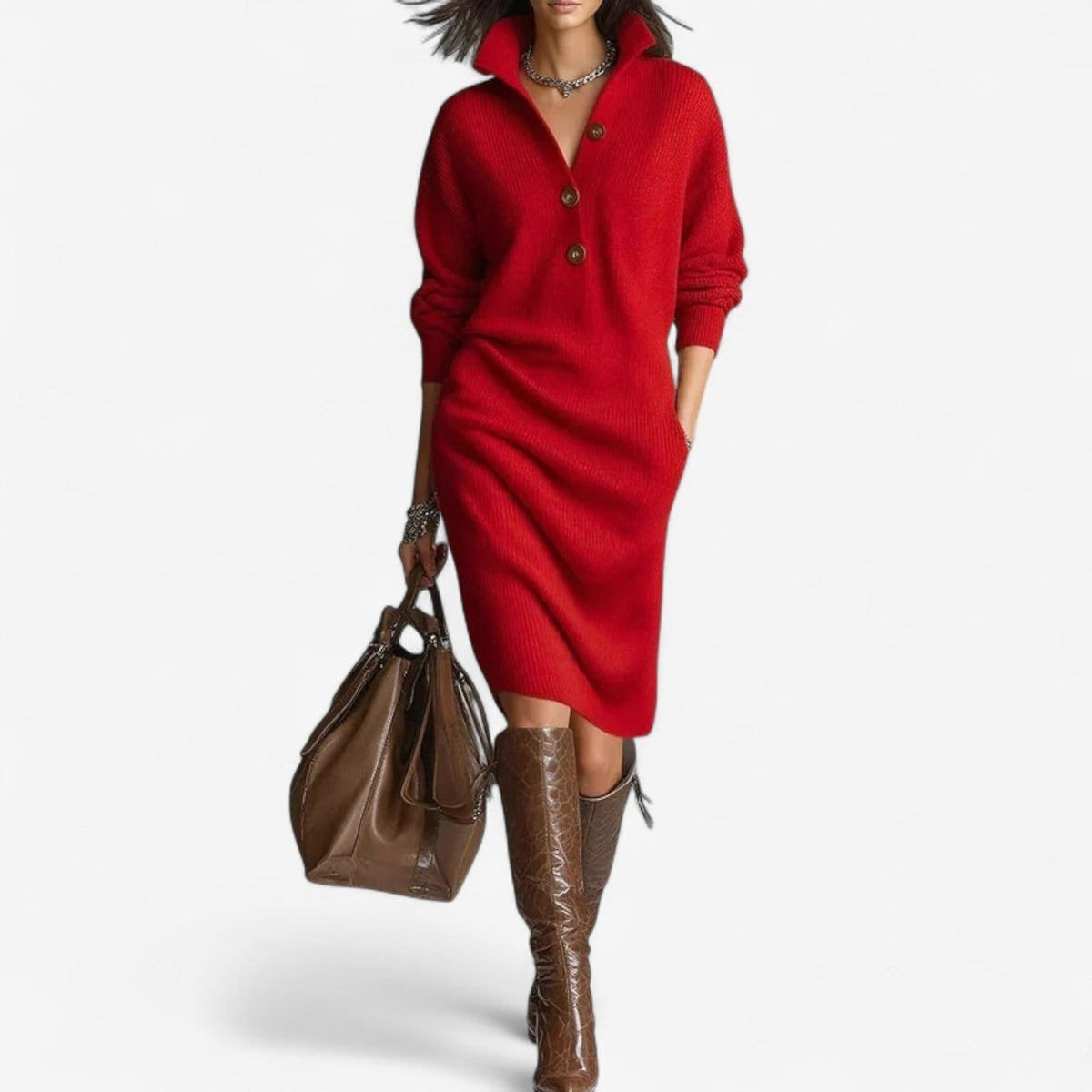 Collared ribbed knit midi jumper dress with button neckline and long sleeves, styled with knee-high boots - view 4