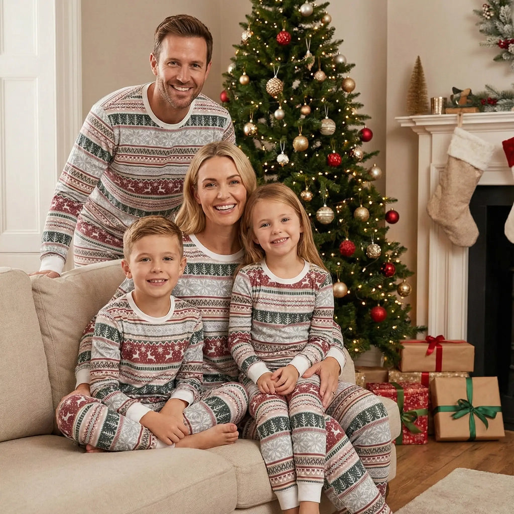 Family wearing matching Fair Isle Christmas pyjamas with reindeer and snowflake print - view 13