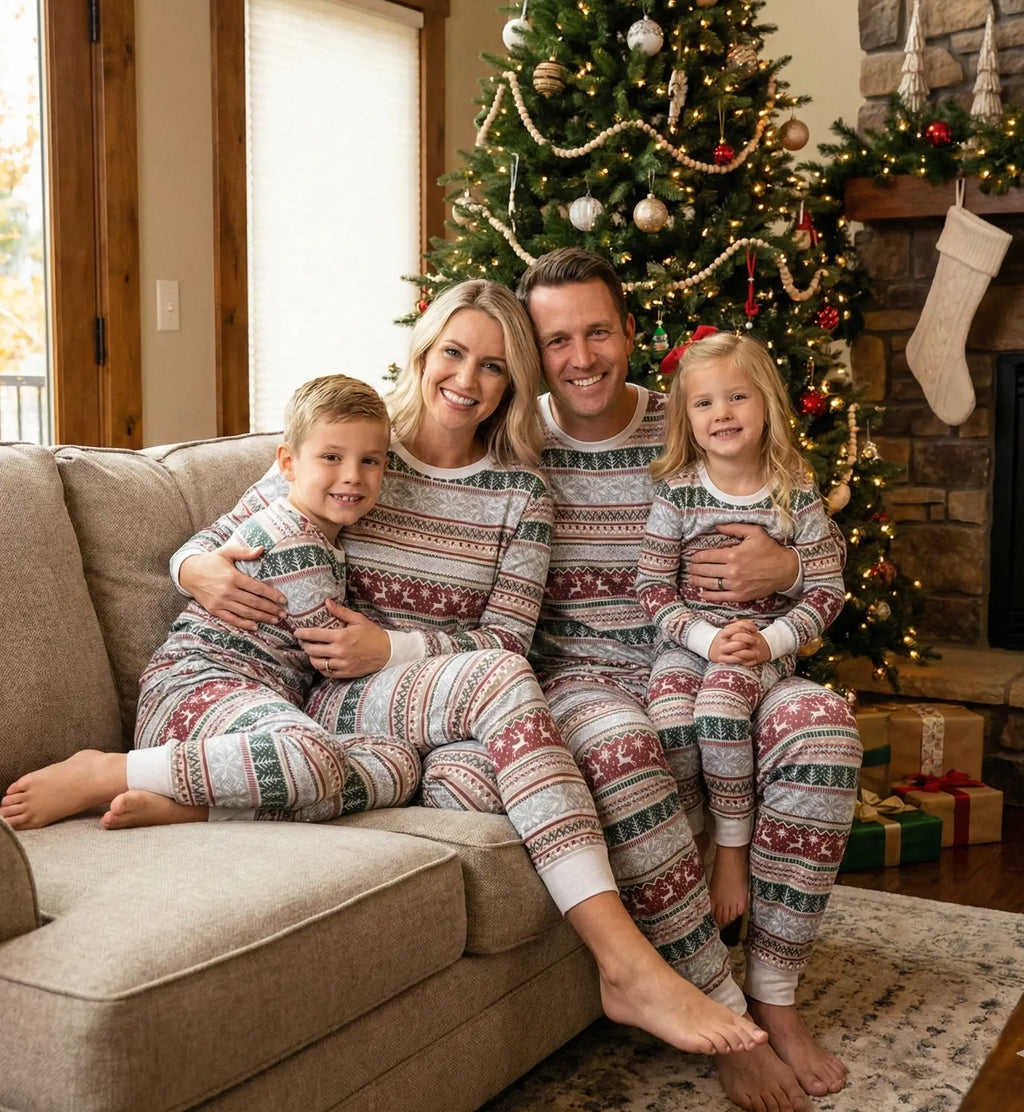 Family wearing matching Fair Isle Christmas pyjamas with reindeer and snowflake print - view 4