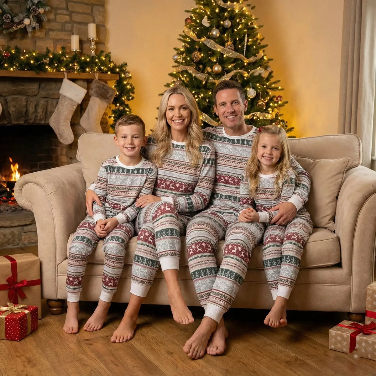 Family wearing matching Fair Isle Christmas pyjamas with reindeer and snowflake print - view 5