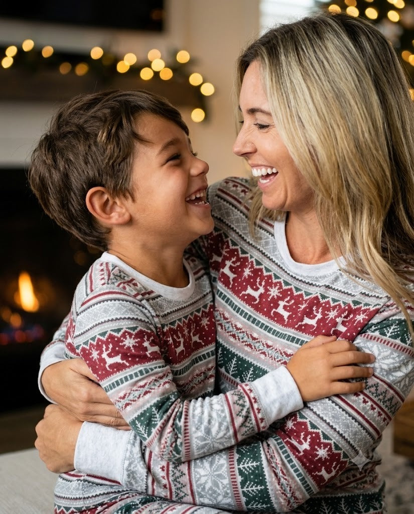 Family wearing matching Fair Isle Christmas pyjamas with reindeer and snowflake print - view 6