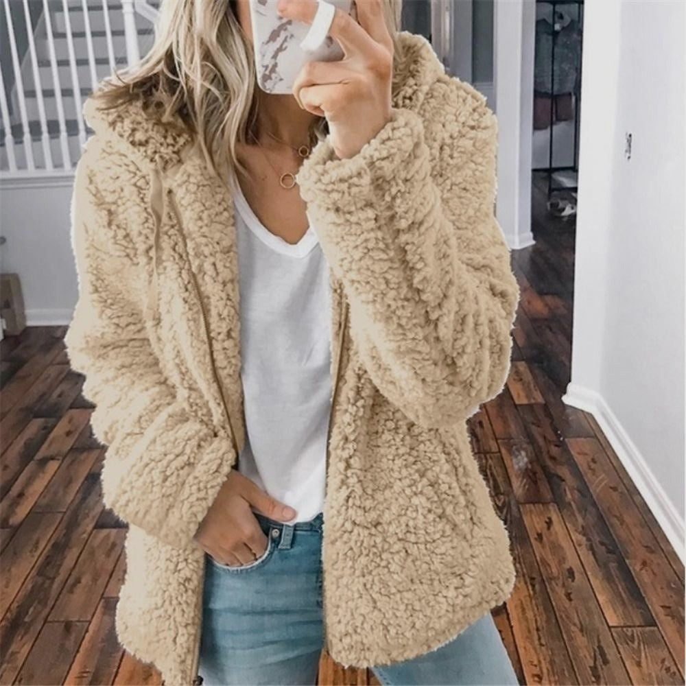 Women's hooded zip-up teddy jacket with drawstring hood