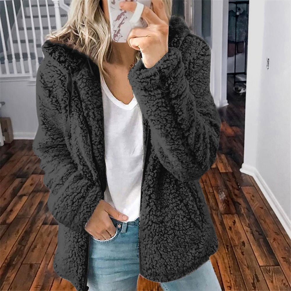 Women's hooded zip-up teddy jacket with drawstring hood - view 10