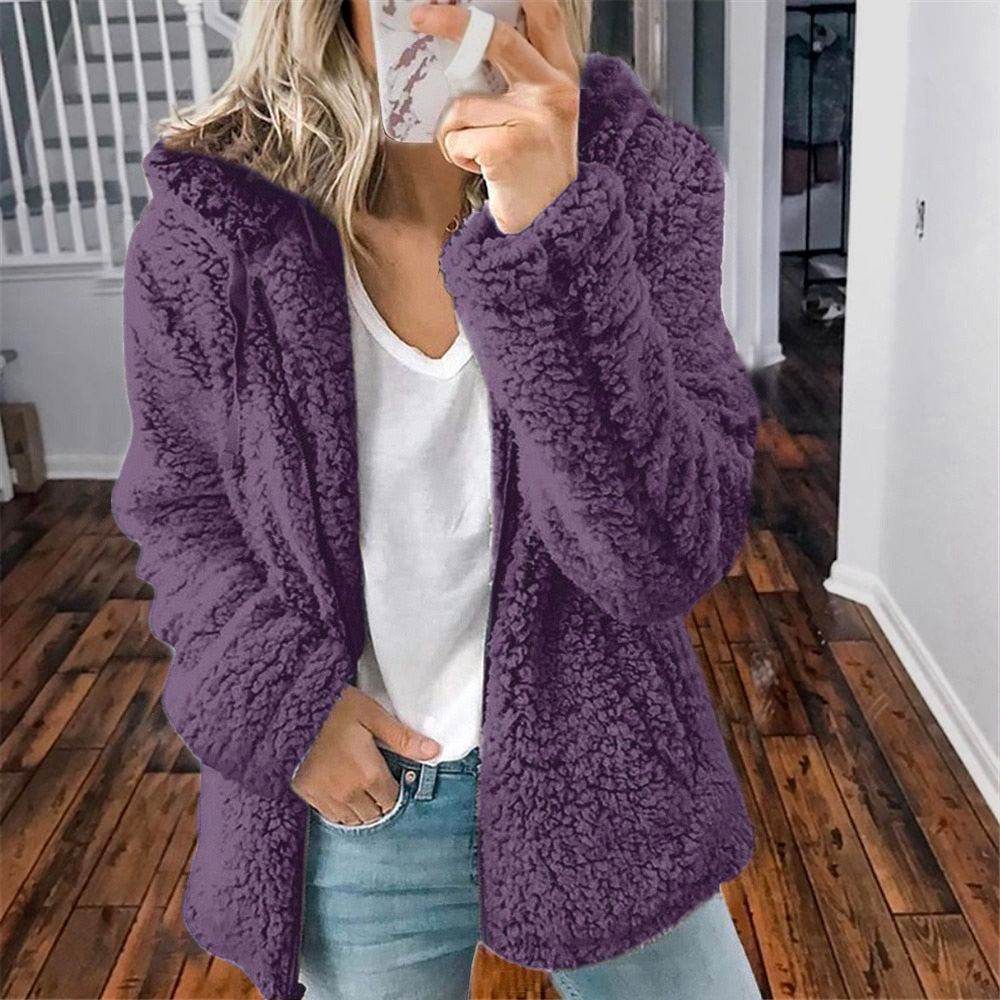 Women's hooded zip-up teddy jacket with drawstring hood - view 11