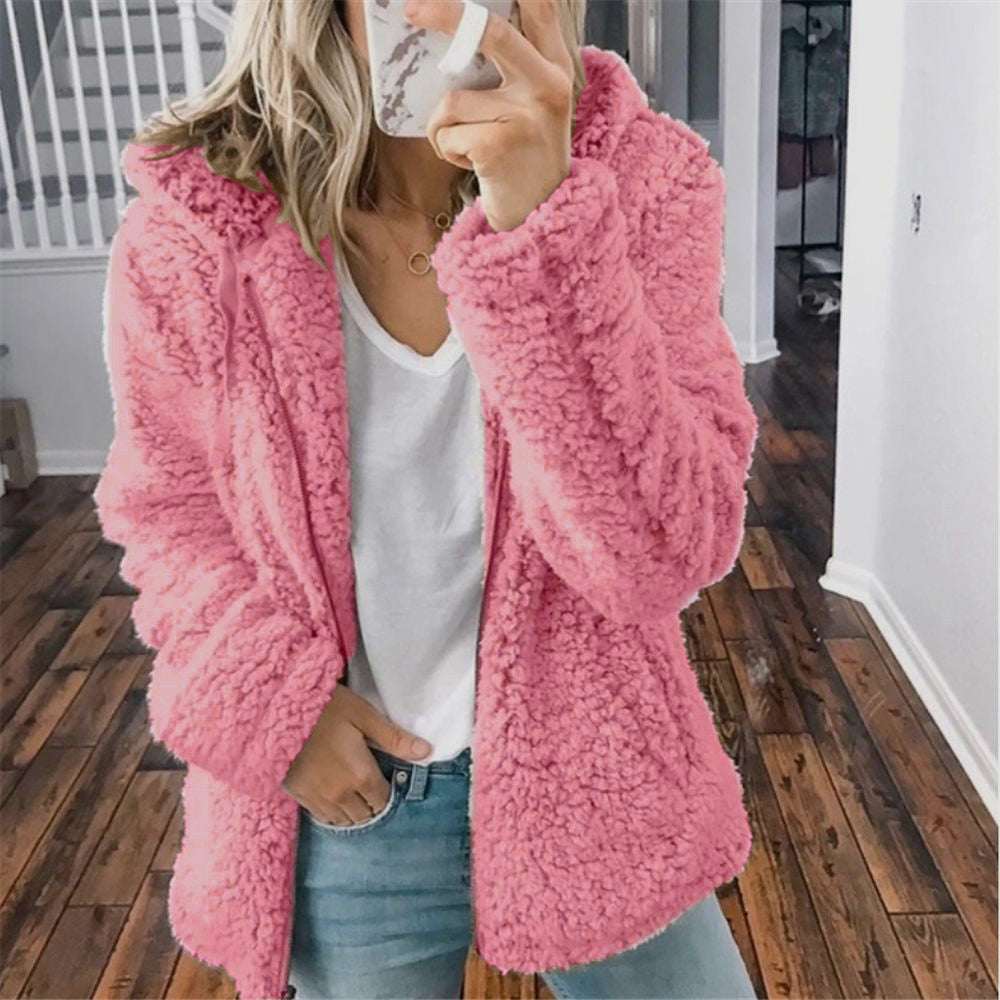 Women's hooded zip-up teddy jacket with drawstring hood - view 12