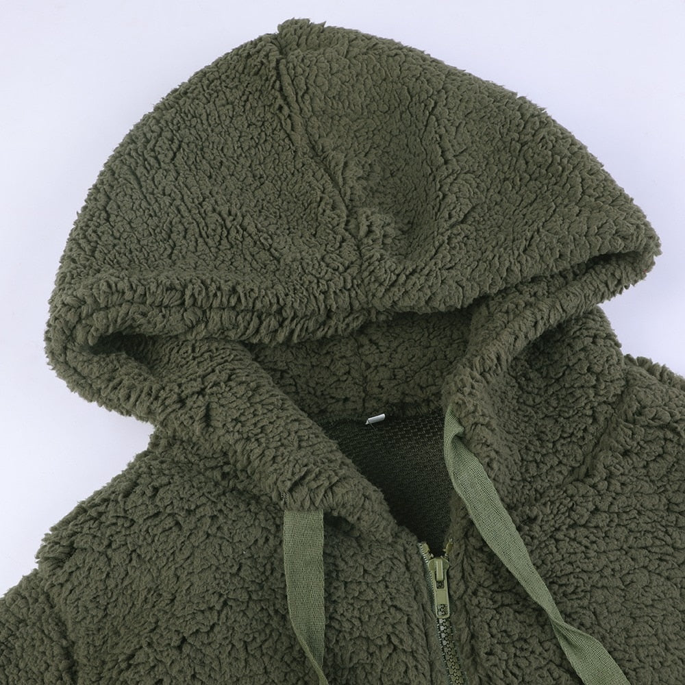 Women's hooded zip-up teddy jacket with drawstring hood - view 2