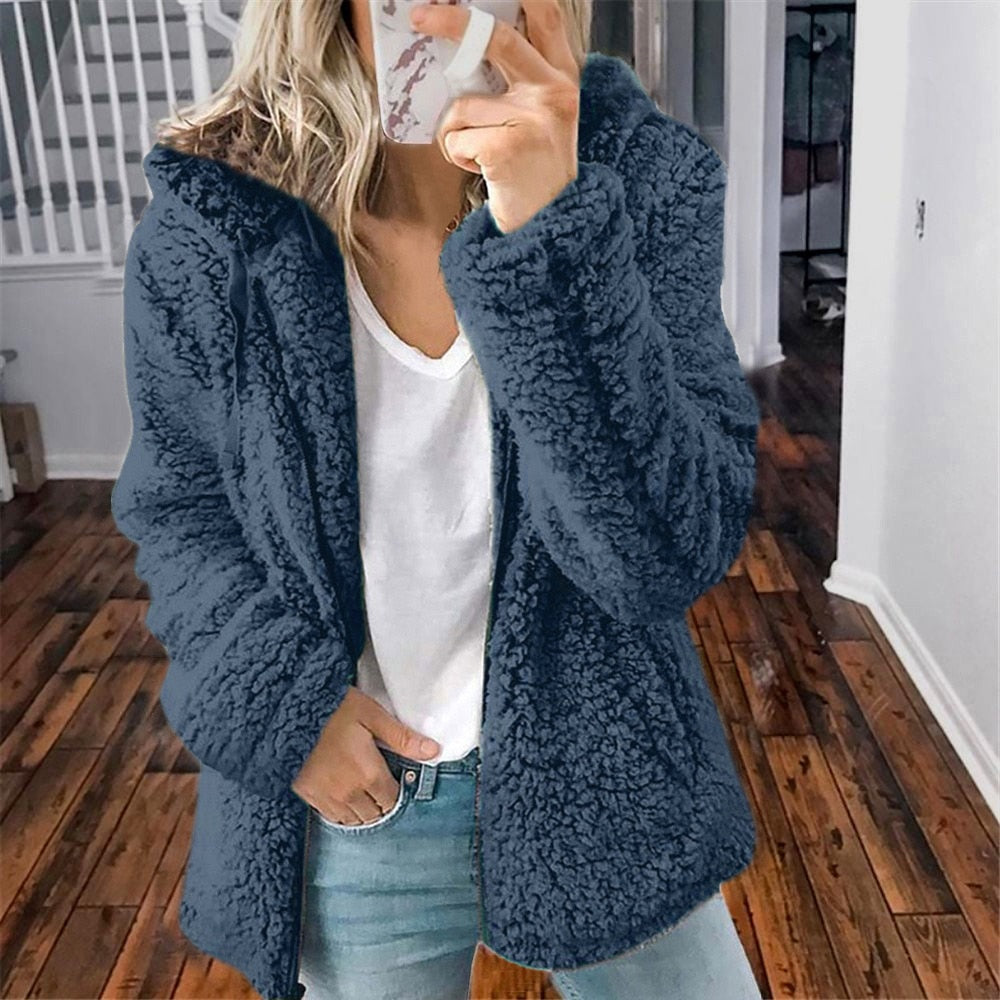 Women's hooded zip-up teddy jacket with drawstring hood - view 6