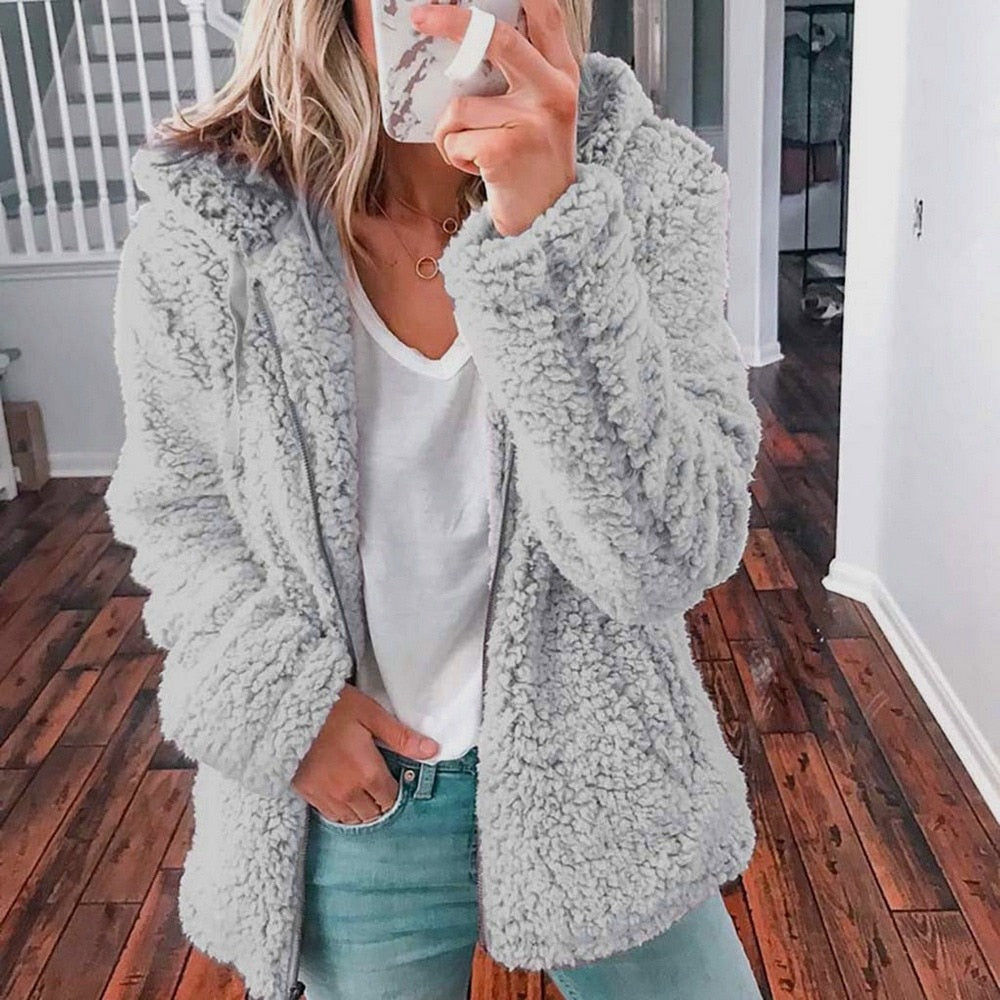 Women's hooded zip-up teddy jacket with drawstring hood - view 7