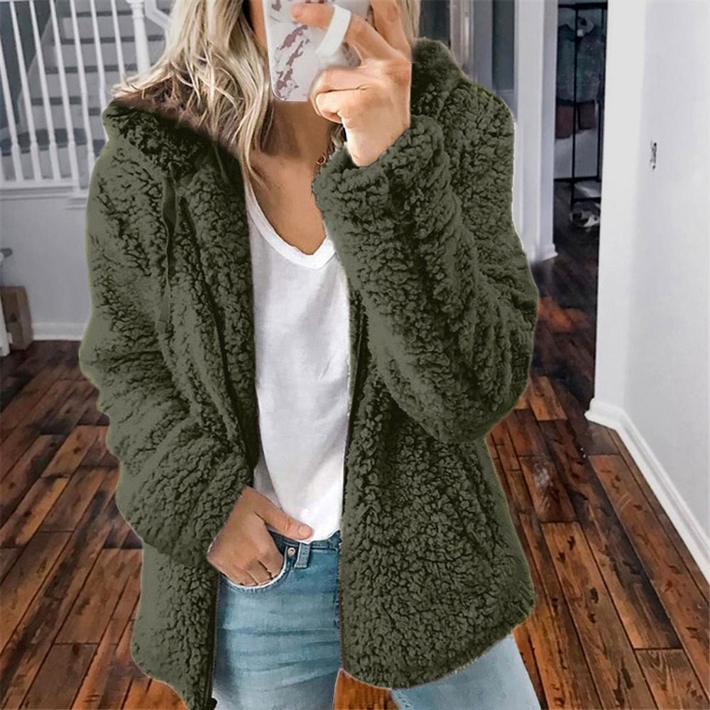 Women's hooded zip-up teddy jacket with drawstring hood - view 8